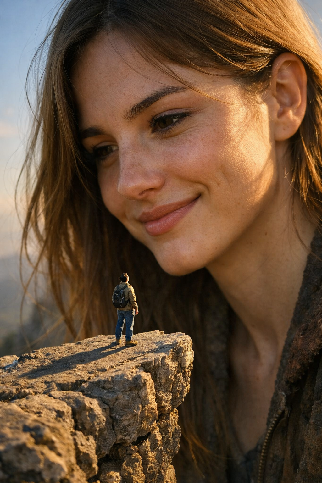 Ultra-realistic photograph of a tiny man standing on a rugged cliff, looking up at a giant woman with [Your Name]'s face, bathed in golden-hour sunlight, cinematic shadows, and natural landscape textures.