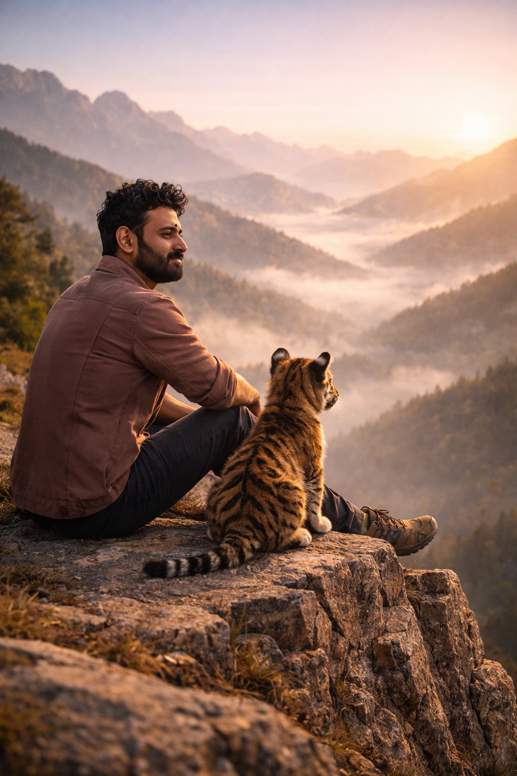 Cinematic AI image of a man sitting on a mountain cliff with a tiger cub using a face swap AI prompt