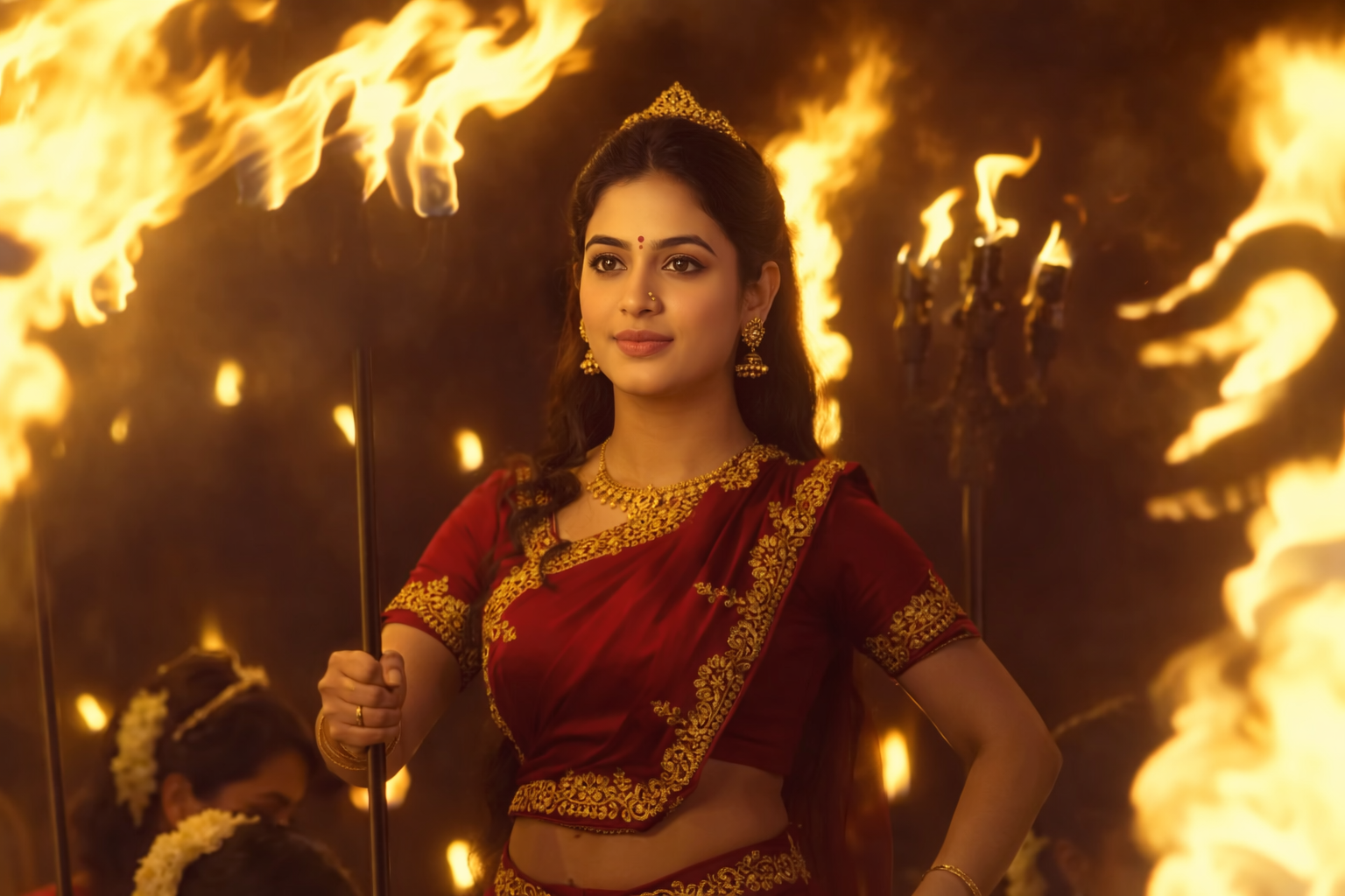Cinematic scene inspired by Shyam Singha Roy: South Asian woman in red saree with gold embroidery holding a flaming trident, surrounded by fire torches.