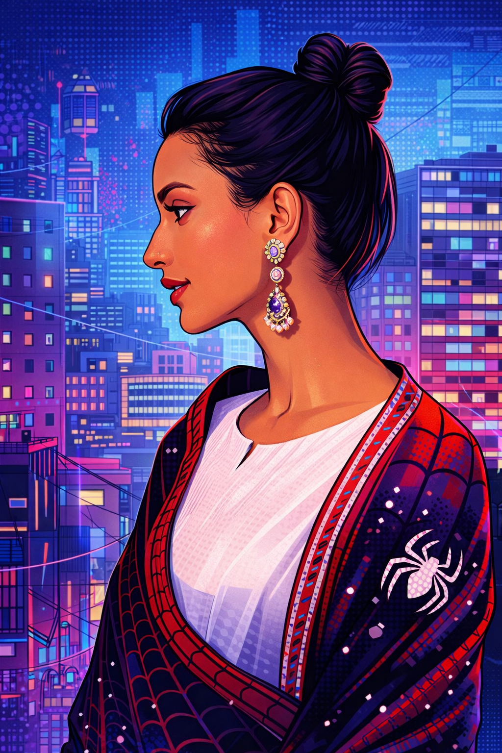 Spider-Verse style AI portrait of a woman with exact facial match from reference photo, animated city background, cinematic comic art